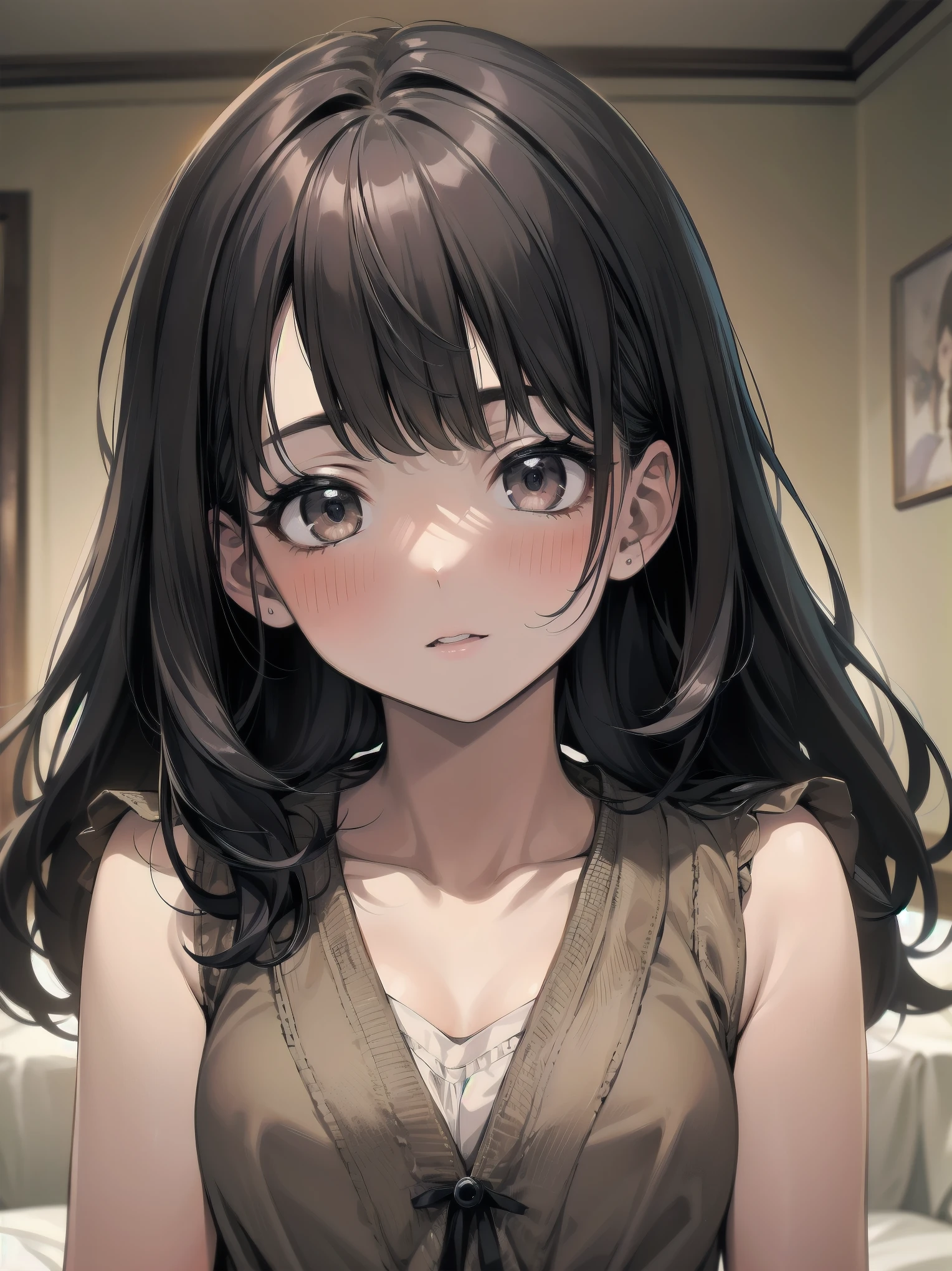 Masterpiece、Cinematic、Highest quality、Super detailed、Detailed clothing、Clear Face、Detailed face、Detailed skin、1人のgirl、14 years old、girl、、、Embarrassing、blush、Looking down、Loose wearing、A dark room、Blackout、Cute Pozu