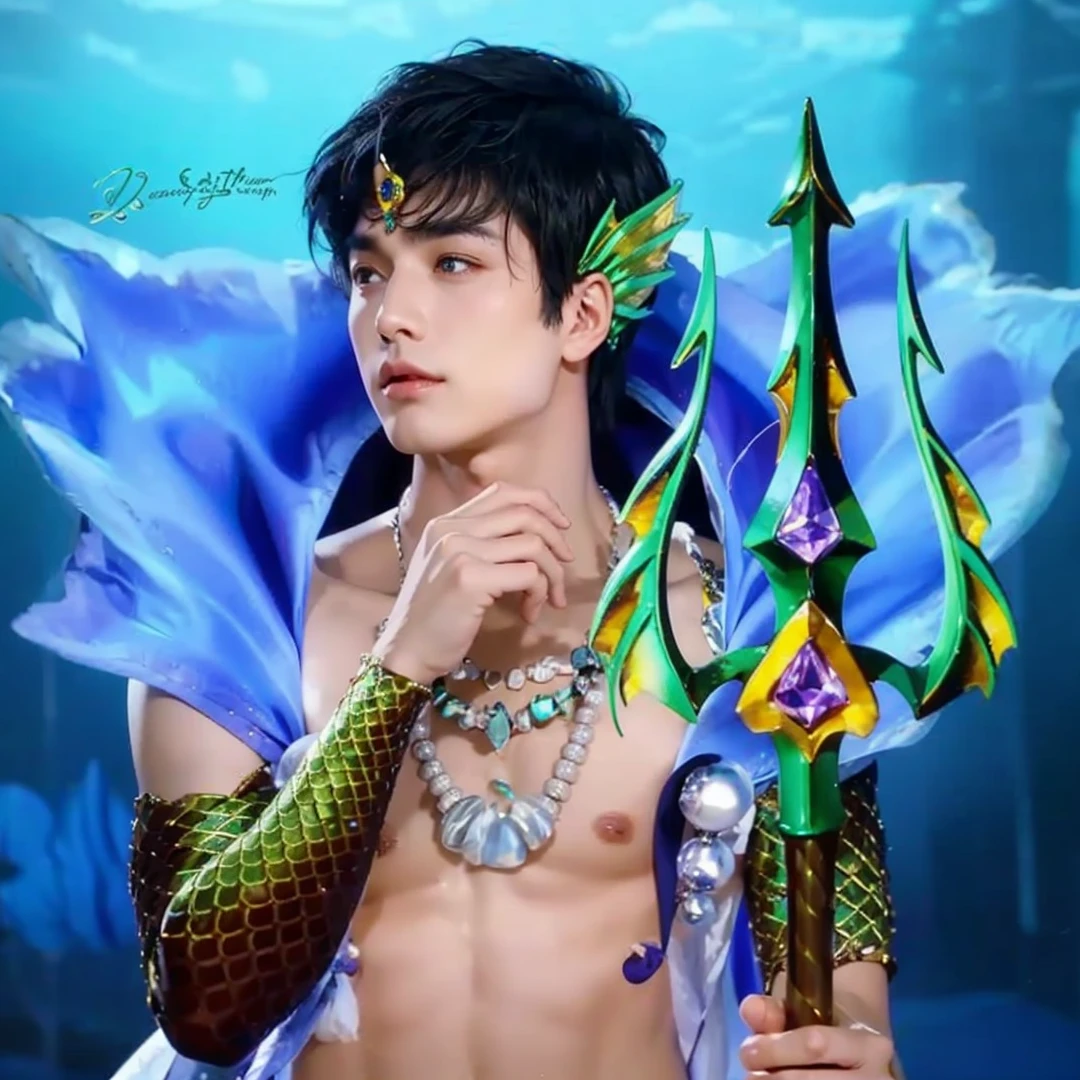 Handsome boy, black hair, purple eyes, have fish ear, wearing blue water cape, wearing sea shell necklace, holding green trident with purple gems