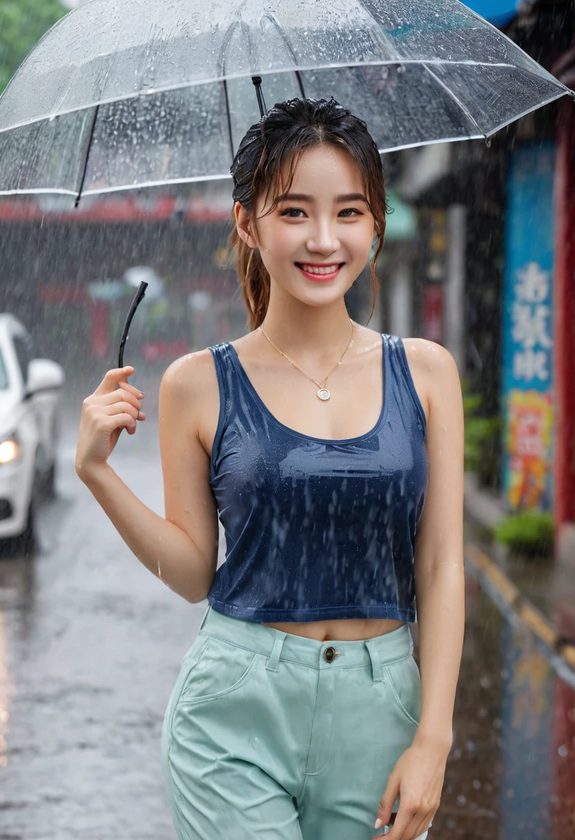 UHD,  cute Korean female,Chest size 36 inches, ponytail, smile, Wearing tank top, necklace, pants, on the street, wet, raining, 