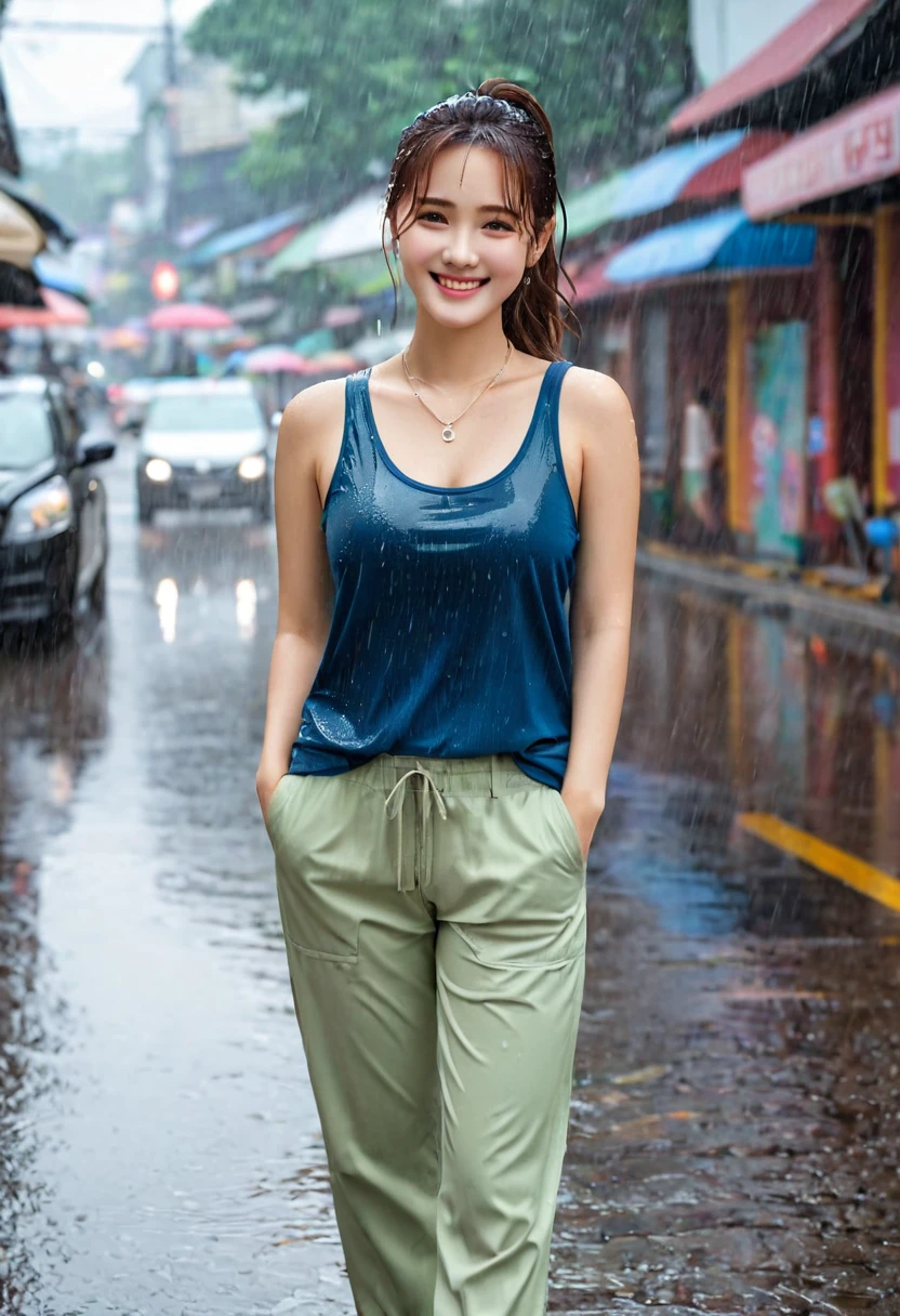 UHD,  cute Korean female,Chest size 36 inches, ponytail, smile, Wearing tank top, necklace, pants, on the street, wet, raining, 