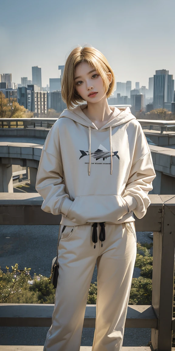 korea, 22yo, 1 woman, wide shot camera angle, bright blond hair,  bob haircut, wearing a graphic hoodie and casual pants, casually leaning on a guardrail, exuding a relaxed and contemplative demeanor, against a backdrop of a sprawling urban skyline with high-rise buildings and a hazy atmosphere.