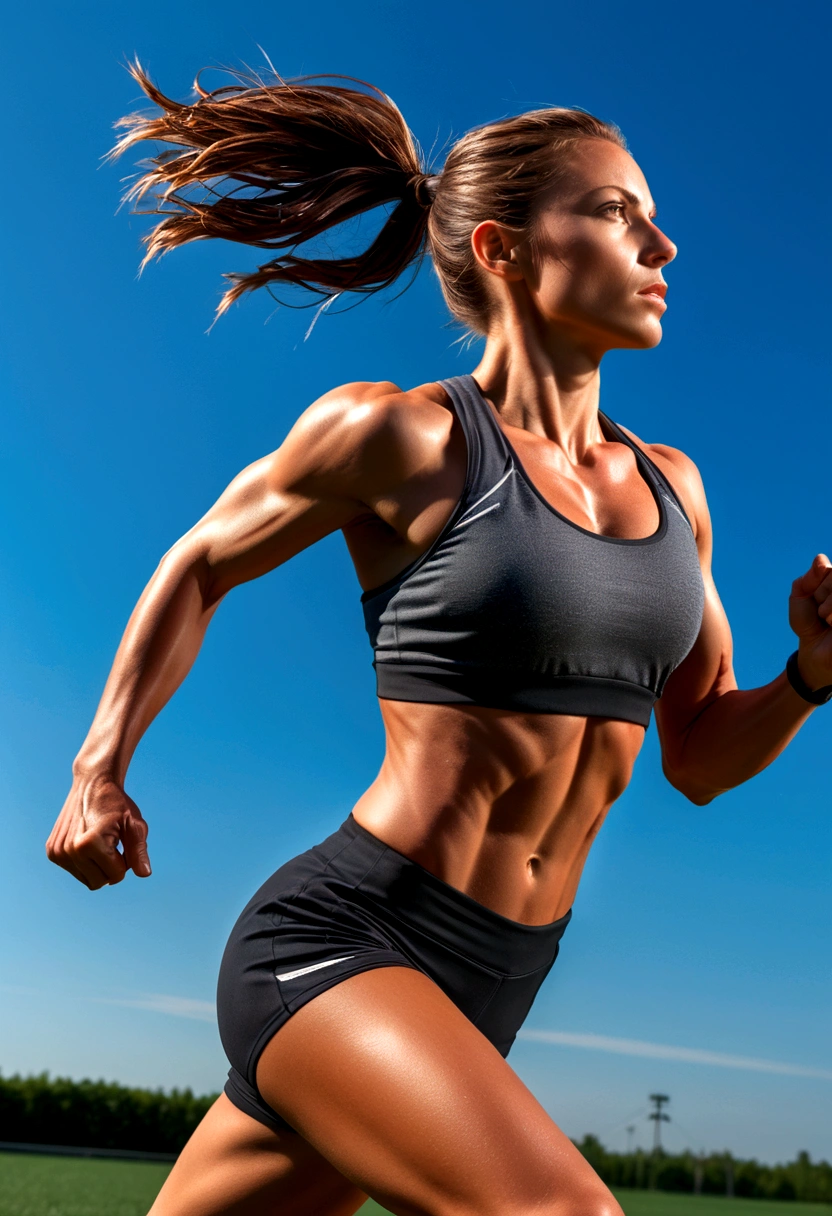 a muscular female athlete, athletic body, strong muscles, running pose, dynamic motion, outdoor sports field, blue sky, sunlight, sweat, determination, sports equipment