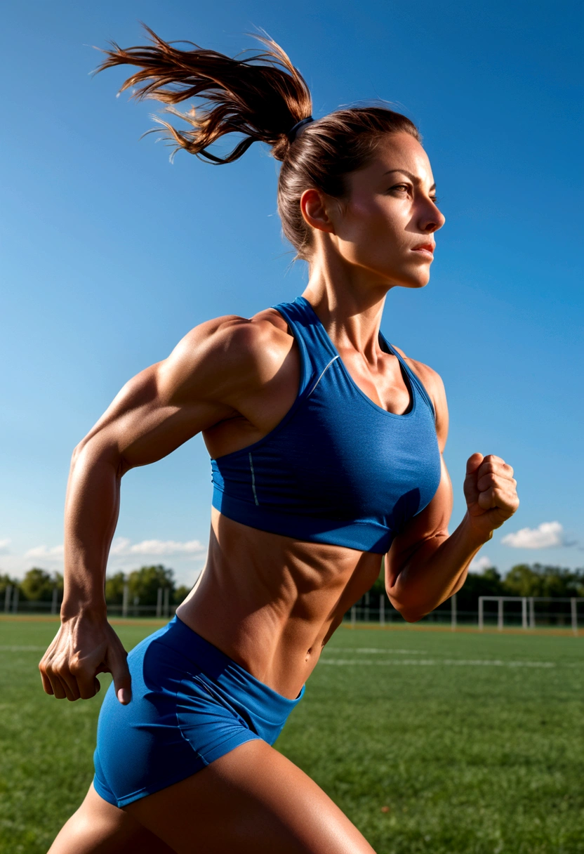 a muscular female athlete, athletic body, strong muscles, running pose, dynamic motion, outdoor sports field, blue sky, sunlight, sweat, determination, sports equipment