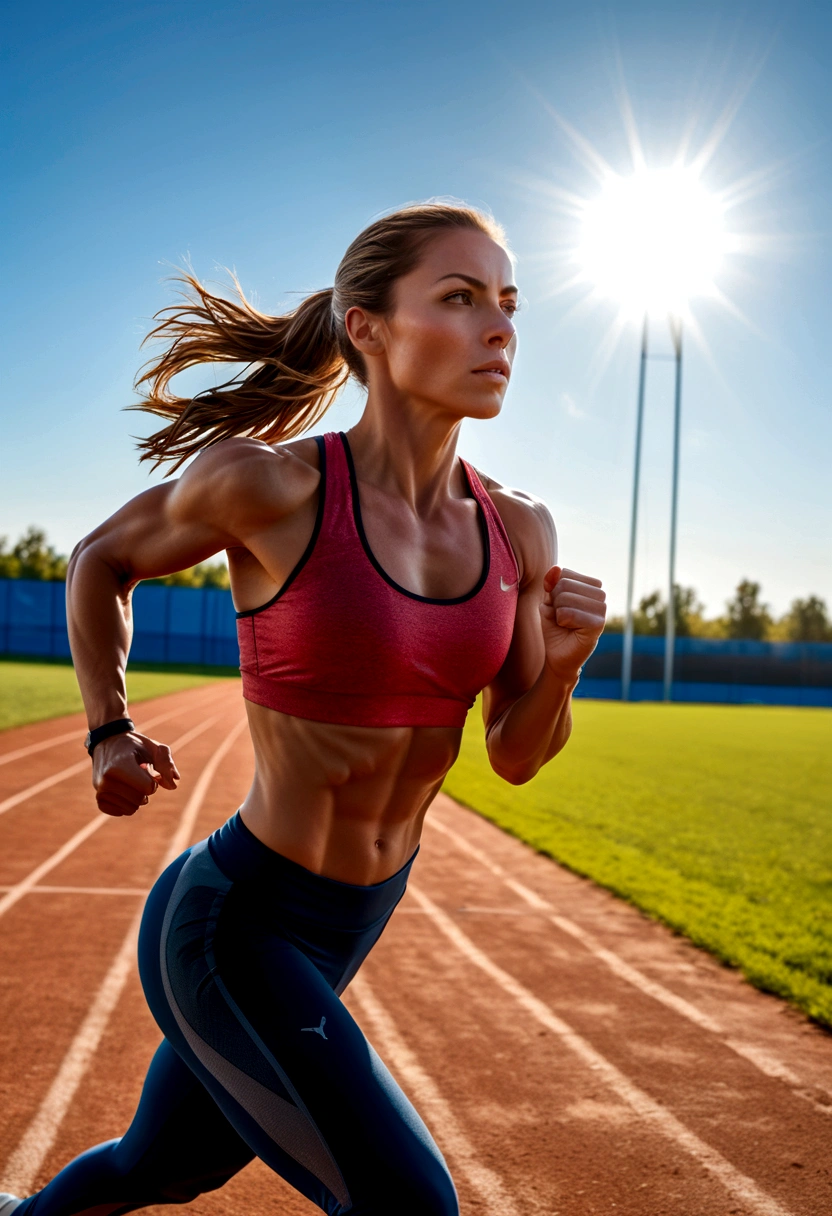 a muscular female athlete, athletic body, strong muscles, running pose, dynamic motion, outdoor sports field, blue sky, sunlight, sweat, determination, sports equipment
