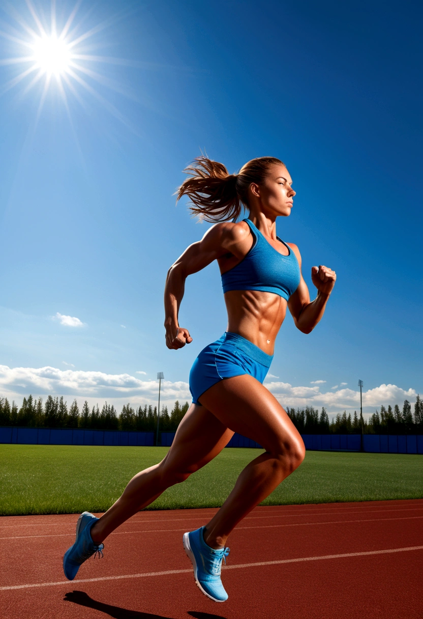 a muscular female athlete, athletic body, strong muscles, running pose, dynamic motion, outdoor sports field, blue sky, sunlight, sweat, determination, sports equipment