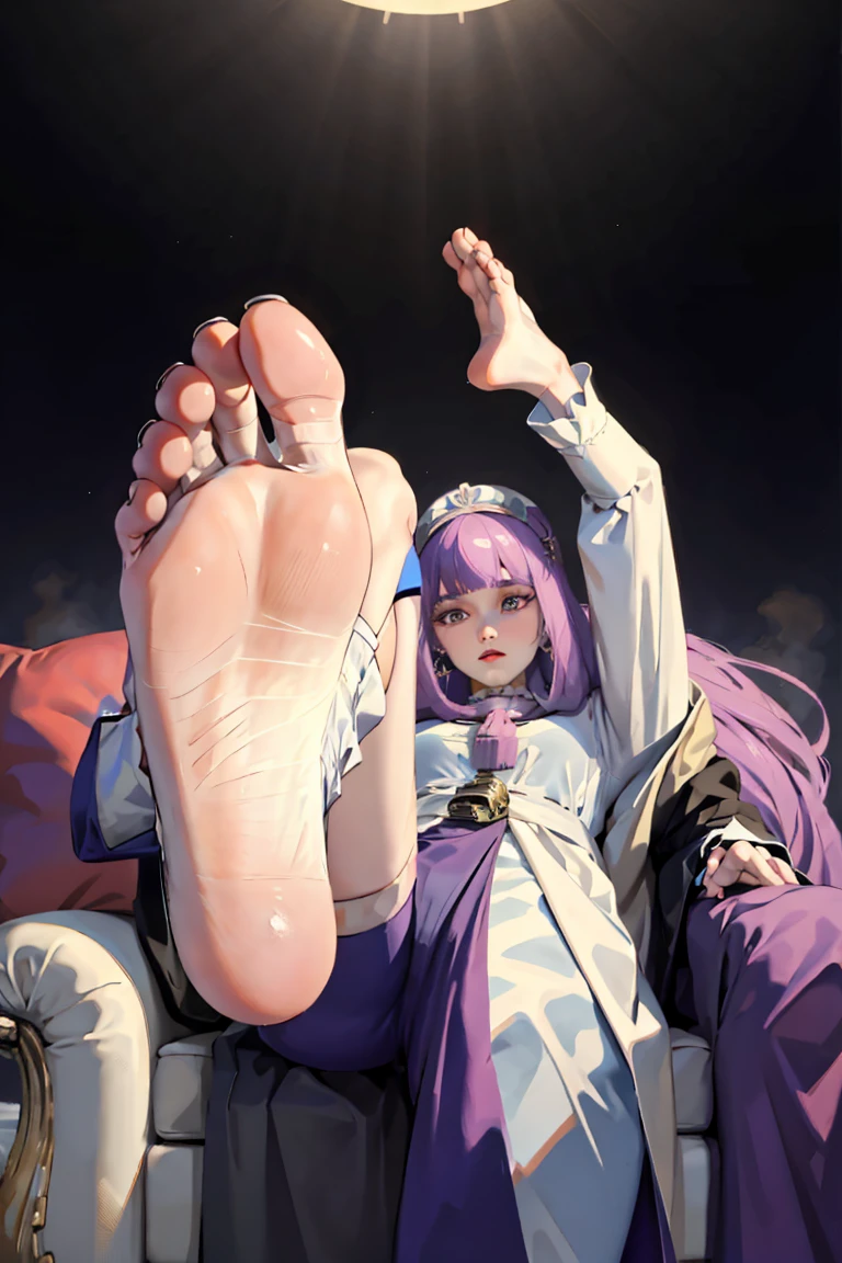 (masterpiece:1.2, Best quality), (real picture, complex parts), 1 girl, One, upper body, legs facing camera, bare soles showing legs, legs, palace, palace settings, long hair, minimal makeup, detailed face, very long blonde purple blonde hair, big plump breasts, big ass, SFV, cloth, Royal outfit, showing soles, showing legs, legs, correct foot anatomy, (palace of queen), (palace), (foot), (legs), (showing legs), (five toes each foot)