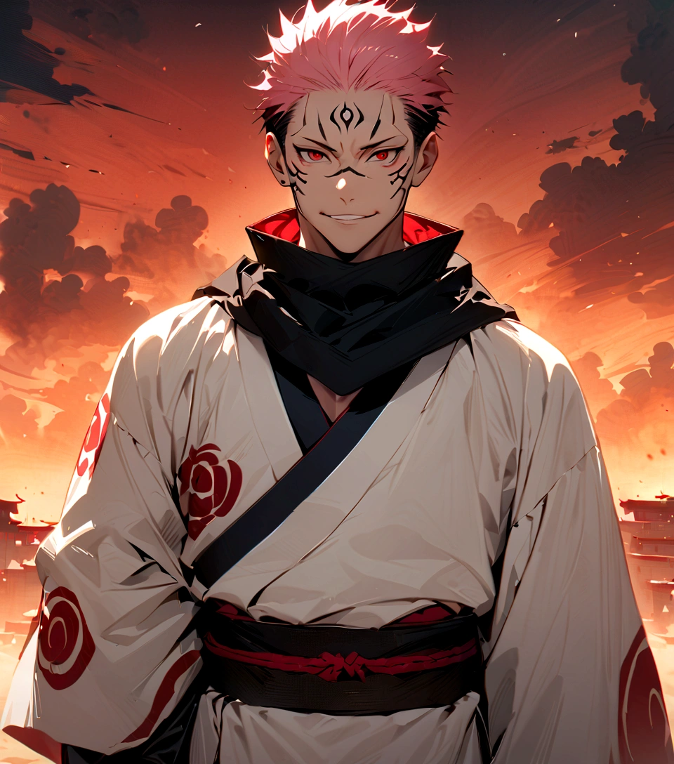 (masterpiece:1.3),(Highest quality:1.4),(Very detailedな:1.5),High resolution,Very detailed,8K,(1 male,sukuna ryoumen,JUJUTSU KAİSEN,Pink Hair)Double-sided Sukuna,（The costume is a white kimono、Black scarf）Laugh fearlessly、Red eyes、（The background is inspired by hell..）