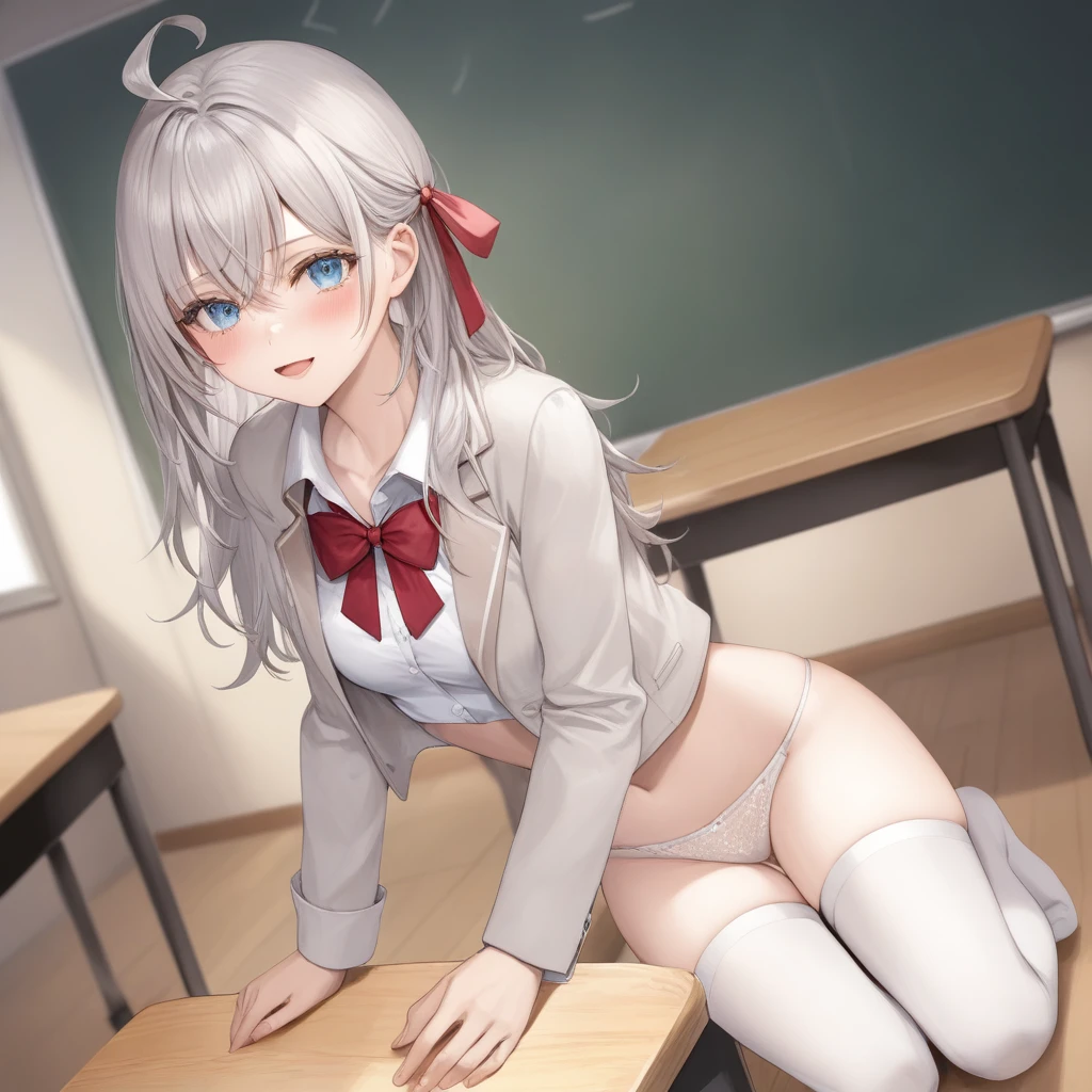 nsfw, 1girl, long hair, blue eyes, grey hair, hair between eyes, bangs, ahoge, , open jacket, collared shirt, red bow, long sleeves, pleated skirt, hair ribbon, red bowtie, white shirt, beige blazer, ((White thighhighs:1.5)),zettai ryouiki, dressing underwear, White Lace bra and Lace panties, clavicle, navel, nipples, bare arms, BREAK, seiza, (open mouth:0.7), look away, front view, dynamic angle,  in the classroom, BREAK, masterpiece, best quality, high quality, absurdres, ultra detailed, beautiful detailed face, extremely beautiful clearly eyes, all intricate, high resolution, HDR, extremely detailed CG unity 8k wallpaper, nice hands, perfect hands