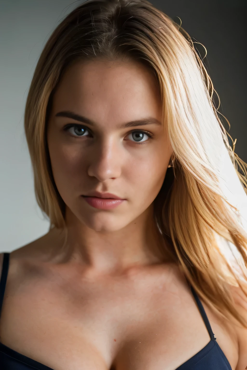 (high quality,4k,8k,highres,masterpiece:1.2), ultra-detailed, (realistic,photorealistic,photo-realistic:1.37), (((supermodel face))), super cute 18 years old blond girl, thin face, ((thin nose)), vivid colors, studio lighting, sharp focus, emotionally intense, mysterious atmosphere, busty, perfect cleavage