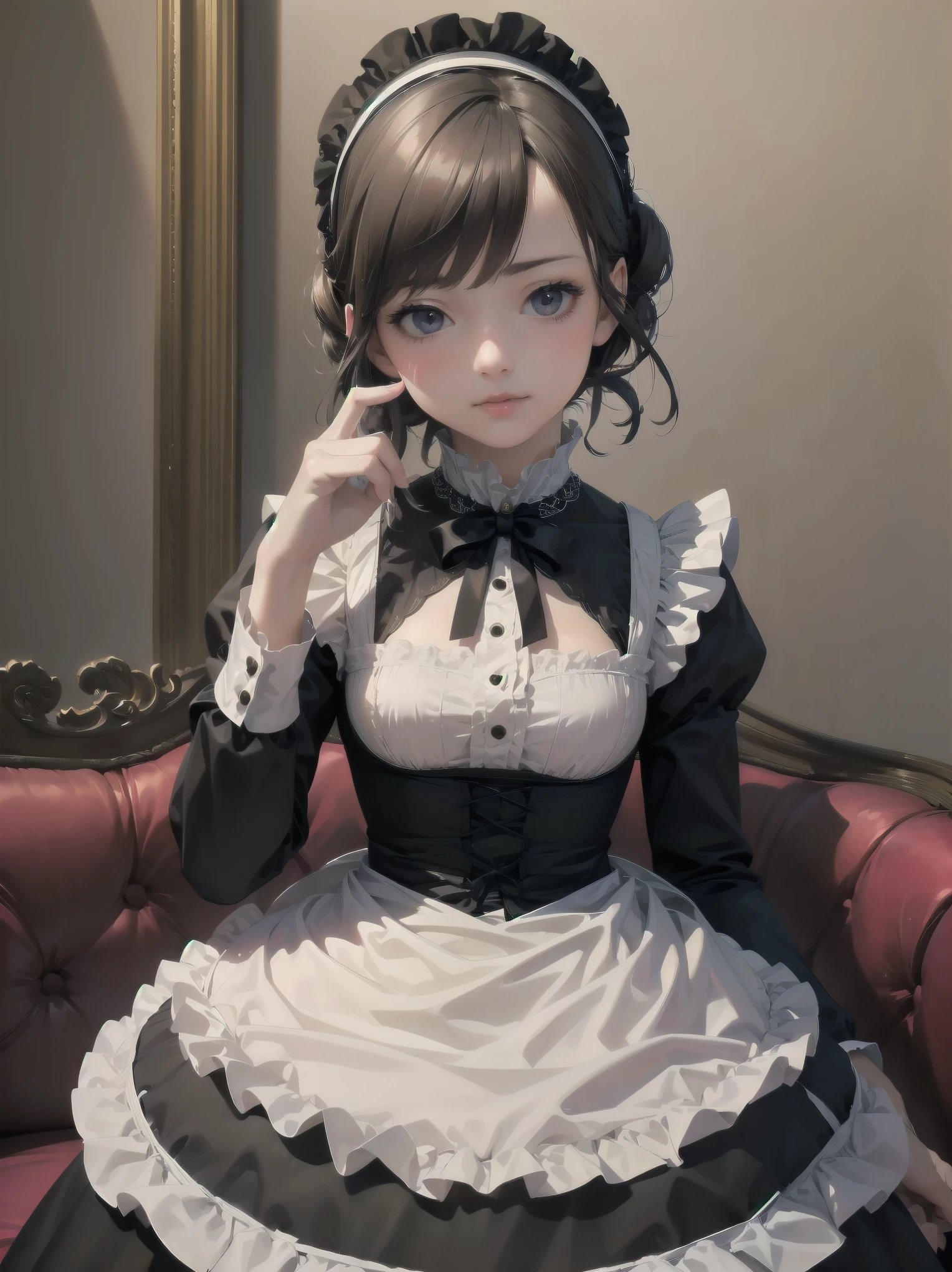 (Highest quality、16K、masterpiece、Ultra-high resolution、Victorian era、Photorealistic:1.2)、A delicate Lolita girl, aged 6、Cute pose super maid、