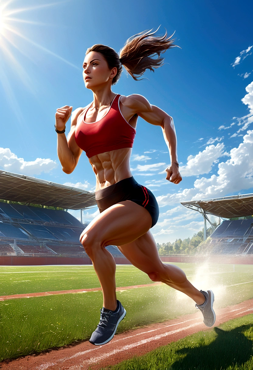 a muscular female athlete, athletic body, strong muscles, running pose, dynamic motion, outdoor sports field, blue sky, sunlight, sweat, determination, sports equipment