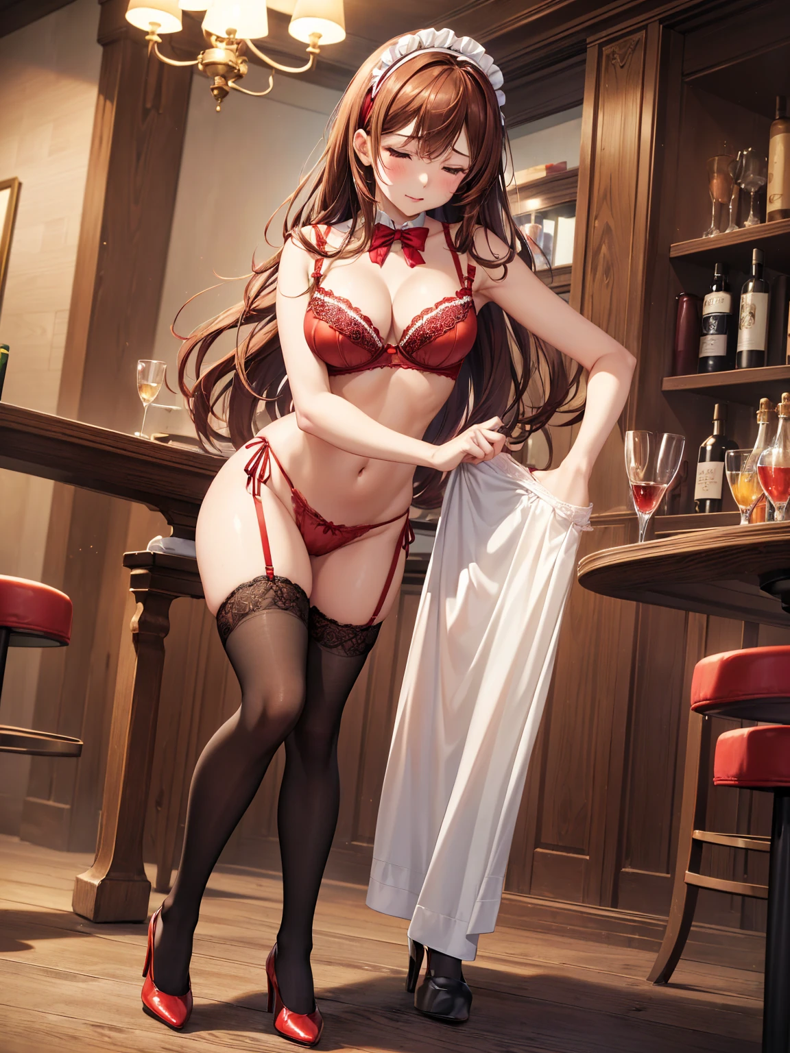 (((masterpiece, Highest quality, High resolution, 超High resolution, Perfect Pixel, Depth of written boundary, 4K, RTTX 10.0))), Beautiful Anime Women, Beautiful art style, Anime characters, ((Smooth texture, Realistic texture, Anime CG Style)), Exact finger count、Exact number of legs、(Exact number of arms:1.0, Exact number of hands:1.0), (Perfect hands, Perfect Anatomy), Cinematic, Realistic, Extremely detailed CG, Daytime lighting, Perfect lighting, Best Shadow, The best natural light, whole body, Perfect body, バランのとれたPerfect body, Perfectly balanced style, (Slender body:1.2), ((Long Hair, bangs, Reddish brown hair, Stylish hairstyle)), ((A cute woman stands with her hands in her panties:1.8)), (Put one hand in your panties:1.8), (fingering:1.8), (pussy juice:1.5), ((Bow tie around neck, High heels:1.3), (Sexy and cute red underwear:1.3), (Stylish shiny red satin panties, Side-tie panties, Panties with plain red center and lace decoration on the sides:1.3), (Thin panties:1.3), (Red Micro Lace Satin Bra, Red bra with lace trim, Thin bra:1.3), (garter belt, Black knee socks:1.3):1.3), (Beautiful big , Cleavage:1.1), (Embarrassed expression:1.4), blush, (sexual pleasure expression:1.5), (The expression of someone who is holding in the toilet:1.4), (Look up, Mouth half open, Half-close your eyes:1.2), (Stylish bar, Stylish restaurant, Many customers in the background, A busy store, Chair, table:1.3), naked, In underwear, Waitress in underwear, (Frilly maid-like headband:1.2), whole body, Angle from the front, chizuru