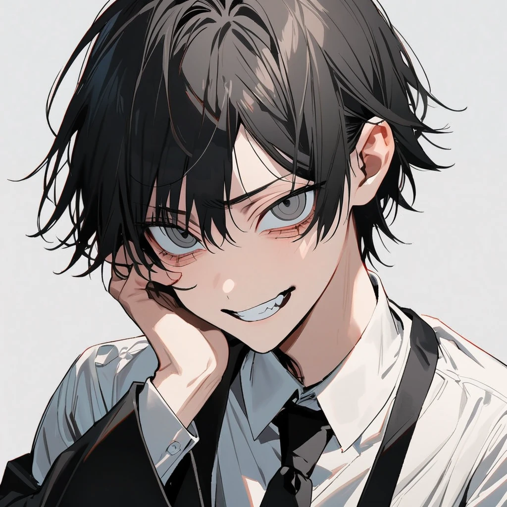 1 14 year old boy in chainsaw man style, short black hair, gray eyes, white blouse with a black tie, Grinning (dentes pontudos), tilted face, gazing at viewer, hand on face,White background