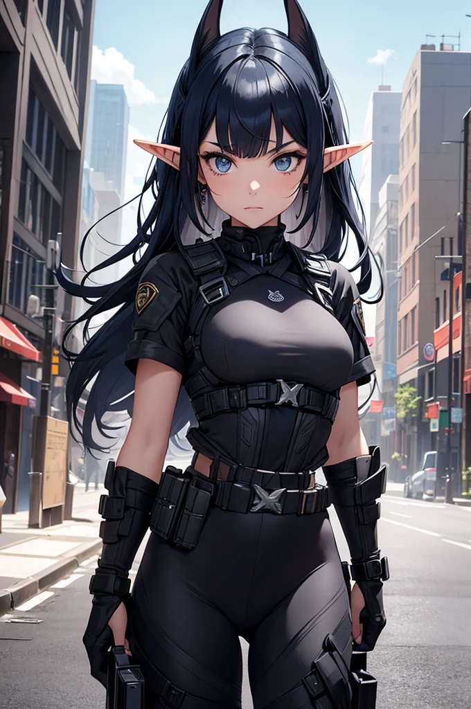 Create an image of an elf girl with dark navy blue hair and straight-cut bangs. She is a member of a special forces police unit. She has long, horizontally extended elf ears, with the right ear cut off and adorned with a large red earring in the cut ear. The background should feature a city inside a dome, with a black armored vehicle beside her. The image should be in a vertical aspect ratio.
