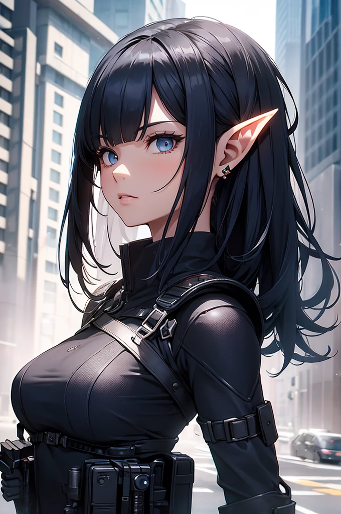 Create an image of an elf girl with dark navy blue hair and straight-cut bangs. She is a member of a special forces police unit. She has long, horizontally extended elf ears, with the right ear cut off and adorned with a large red earring in the cut ear. The background should feature a city inside a dome, with a black armored vehicle beside her. The image should be in a vertical aspect ratio.