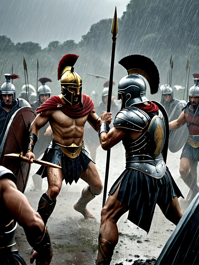 A Spartan fighting in the rain against a miserable king and surrounding these two were Spartans with spears watching the combat. 