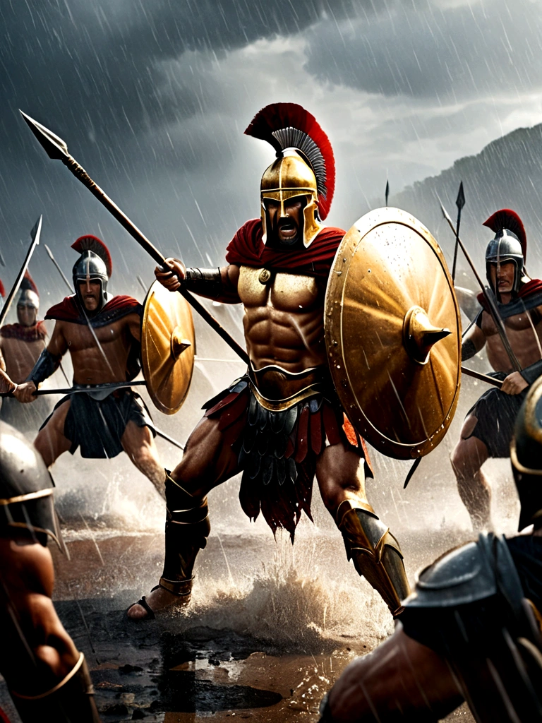 A Spartan fighting in the rain against a miserable king and surrounding these two were Spartans with spears watching the combat. 
