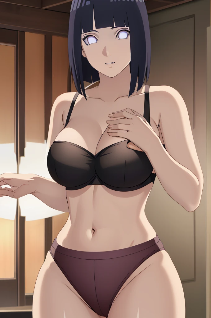 masterpiece, absurdres , (intricate details), (colorful),cinematic lighting,extremely detailed CG unity 8k wallpaper ,hinata\(boruto\), 1girl,solo, large breasts, (hinata, hyuuga hinata, purple eyes, blunt bangs, black hair) big breasts, perfect breasts, large breasts, round breasts, sexy body, slim waist, nice hips, skinny, nice thighs, black bra, cleavage, bare shoulders, collarbone, tight bra, underboob, slim waist, red bikini, hands behind head, full body shot, background, photoshoot, white backdrop, perfect eyes, glowing eyes, beautiful eyes