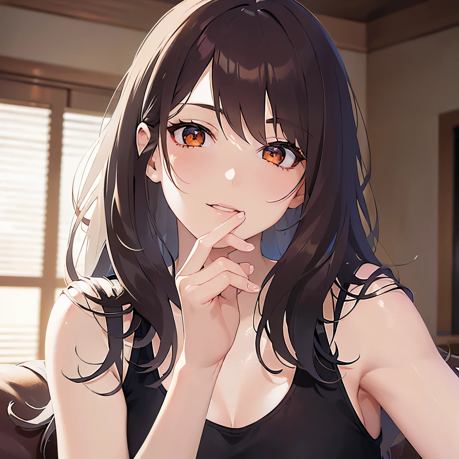 lookin at viewer,Upper Body, (hand over own mouth:1.5), Realistic, real person, (pale skin: 1.2), RAW photo, photorealistic, shiny skin, shiny hair、 (A 25-year-old woman with medium-length hair and bangs) and (wavy hair) and (brown hair) and (Orange Eyes) ,smile,Tank top,The background is the living room at night
