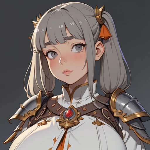 (masterpiece), (best quality),(portrait),(bust up),1girl,solo,(sharp focus),(look at viewer),(hime cut),dwarf girl,dwarf, short twintails ,bangs on eyes,gray eyes,(fat) ,ancient luxurious long clothes,armor,(simple background),old school fantasy art,super shiny face,Ultra Glossy Skin,huge breasts