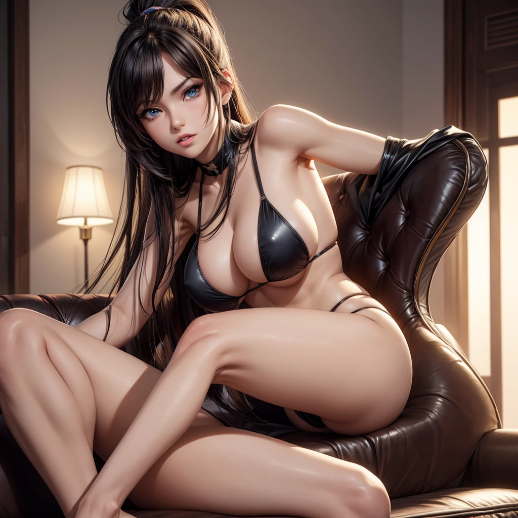 ((Solo)),(best quality: 1.4),(( Full body )), high resolution, masterpiece, 4k, ultra detailed, very beautiful girl masterpiece, sexy, long hair, ponytail, blue eyes, expressive eyes, detailed skin, realistic skin texture, texture, detailed eyes, beautiful woman , big tits , black transparent bikini , pubic hair , dynamic pose , seduced anime , open legs , sit on sofa , laying on sofa , transparent bikini , showing her ass