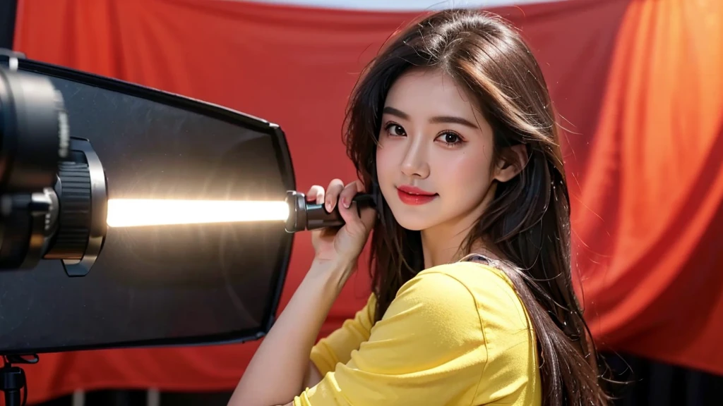 high-definition images, atmospheric perspective, 8k, super detail, accurate, best quality, studio portraits shoot ,a woman singer,drooping eyes,l, blush, in the studio, model for photoshoot, posing , studio scene background, dark , flashlight on , ((bo bc hair)), Red flag yellow star shirt