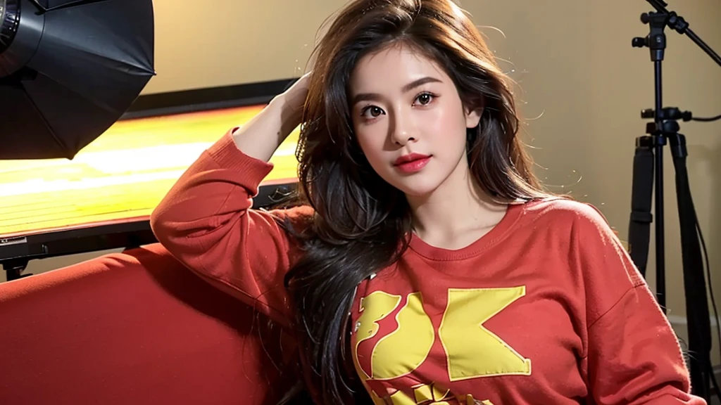 high-definition images, atmospheric perspective, 8k, super detail, accurate, best quality, studio portraits shoot ,a woman singer,drooping eyes,l, blush, in the studio, model for photoshoot, posing , studio scene background, dark , flashlight on , ((bo bc hair)), Red flag yellow star shirt