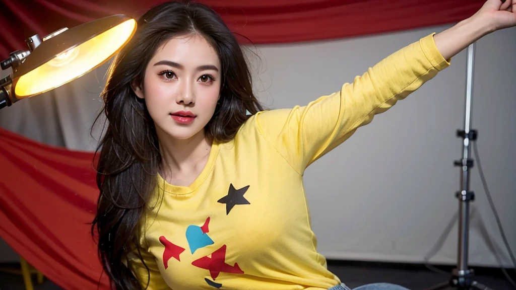 high-definition images, atmospheric perspective, 8k, super detail, accurate, best quality, studio portraits shoot ,a woman singer,drooping eyes,l, blush, in the studio, model for photoshoot, posing , studio scene background, dark , flashlight on , ((bo bc hair)), Red flag yellow star shirt