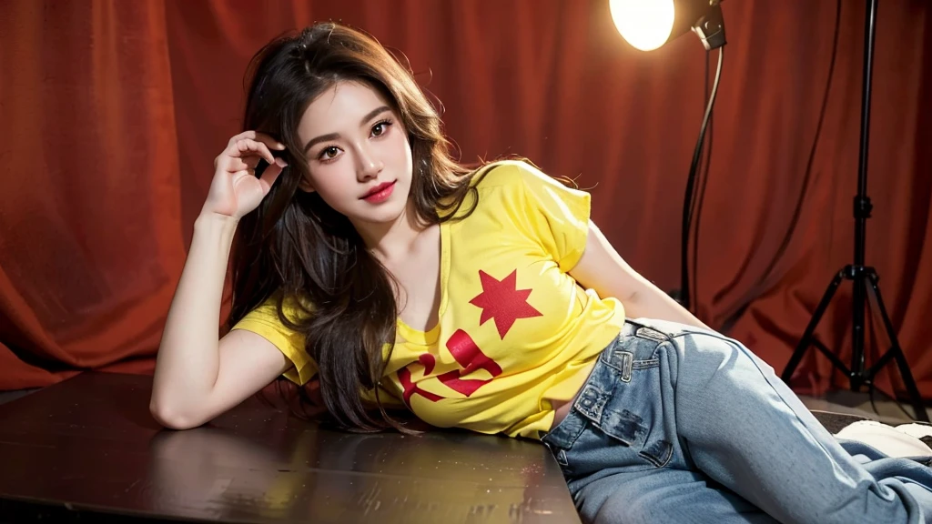 high-definition images, atmospheric perspective, 8k, super detail, accurate, best quality, studio portraits shoot ,a woman singer,drooping eyes,l, blush, in the studio, model for photoshoot, posing , studio scene background, dark , flashlight on , ((bo bc hair)), Red flag yellow star shirt