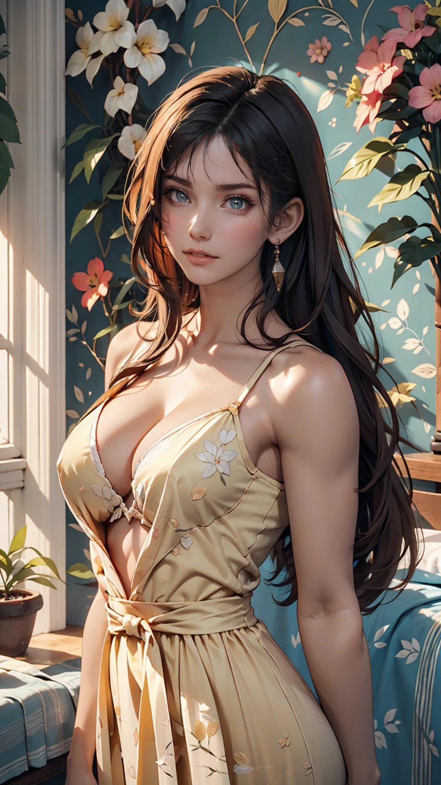 Vada Shanren squeezes Venezuelan female supermodel, Long Hair, Pastel yellow gown, tight, Small upper body portrait, large natural breasts, Hyperrealism, Highly detailed feminine bedroom background,Pastel Green Wallpaper（Plant pattern)、sunlight , Sexy、Sexy proportions、Narrow waist、Cleavage Emphasis