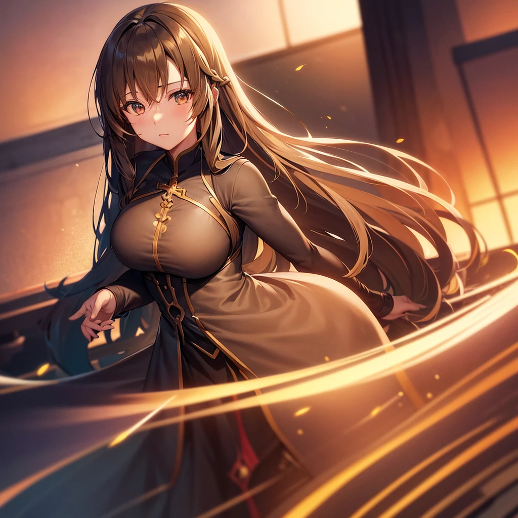 asuna,sao, crown half up hairstyle,, close to viewers, best detailed girl, motion, smooth, Perfect female body, woman, large breasts, dress, back lighting, dark intense shadows, extremely CG, best masterpiece, extremely detailedmasterpiece,