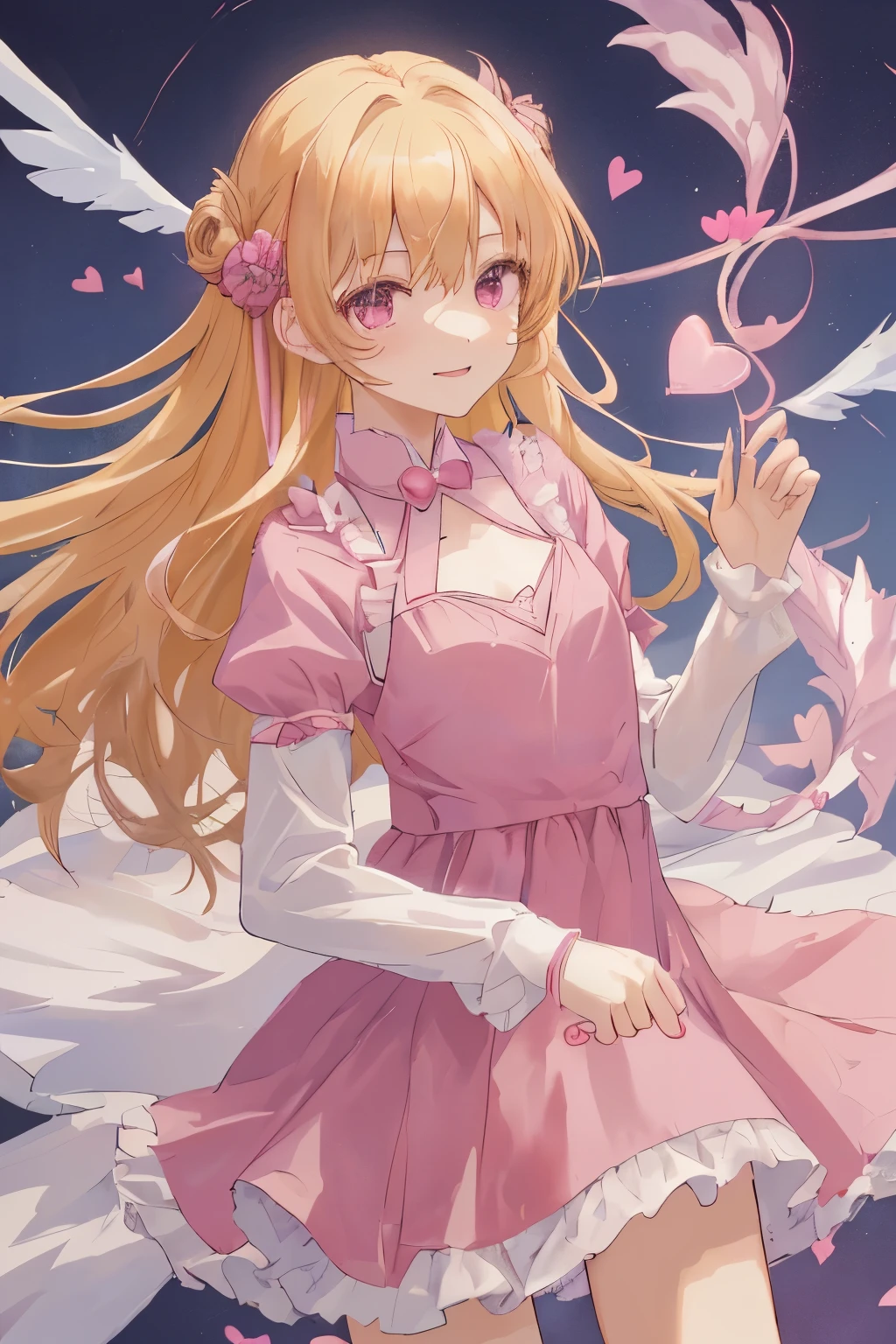 1_girl, (anime, kawai:2), (masterpeice, best_quality, simple, cute, dreamy, vibrant, clean:1.5), (cute, cute_smile, young:1.8), (delicate, beautiful, thin:1.5), (girlfriend, angel:1.6), (green_eyes, simple_eyes:1.5) (long_hair, blond_hair, wearing_pink_dress, pink_angel_wings, sexy_gloves:1.8), extremely_delicate, (love_magic:1.5), (age_size_fits_body), (small_thighs:1.3), (breasts), (eye_level:1.3), (heart_magic, love:1.5)