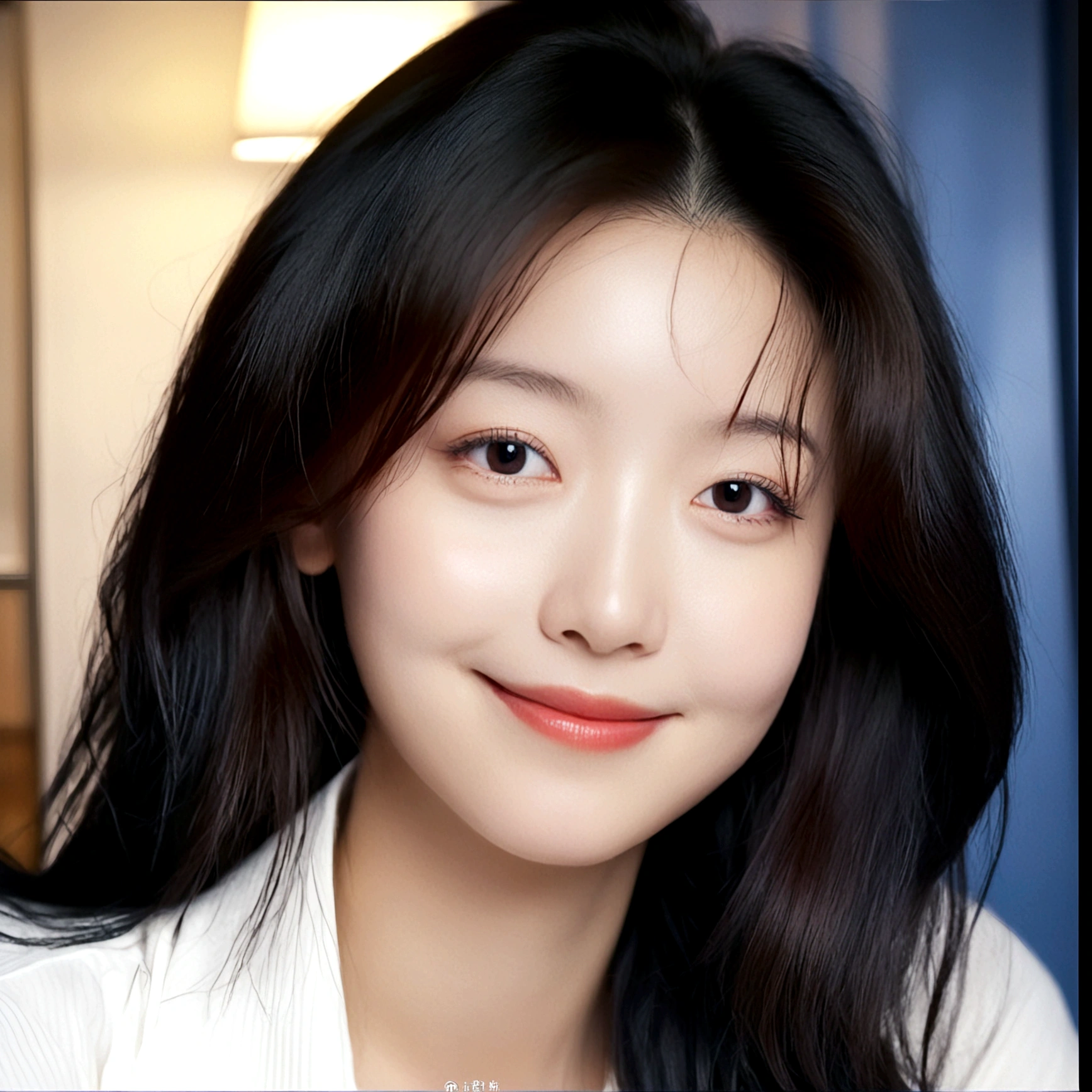 1girl, solo, looking at viewer, smile, black hair, closed mouth, female focus, black eyes, lips, portrait, realistic