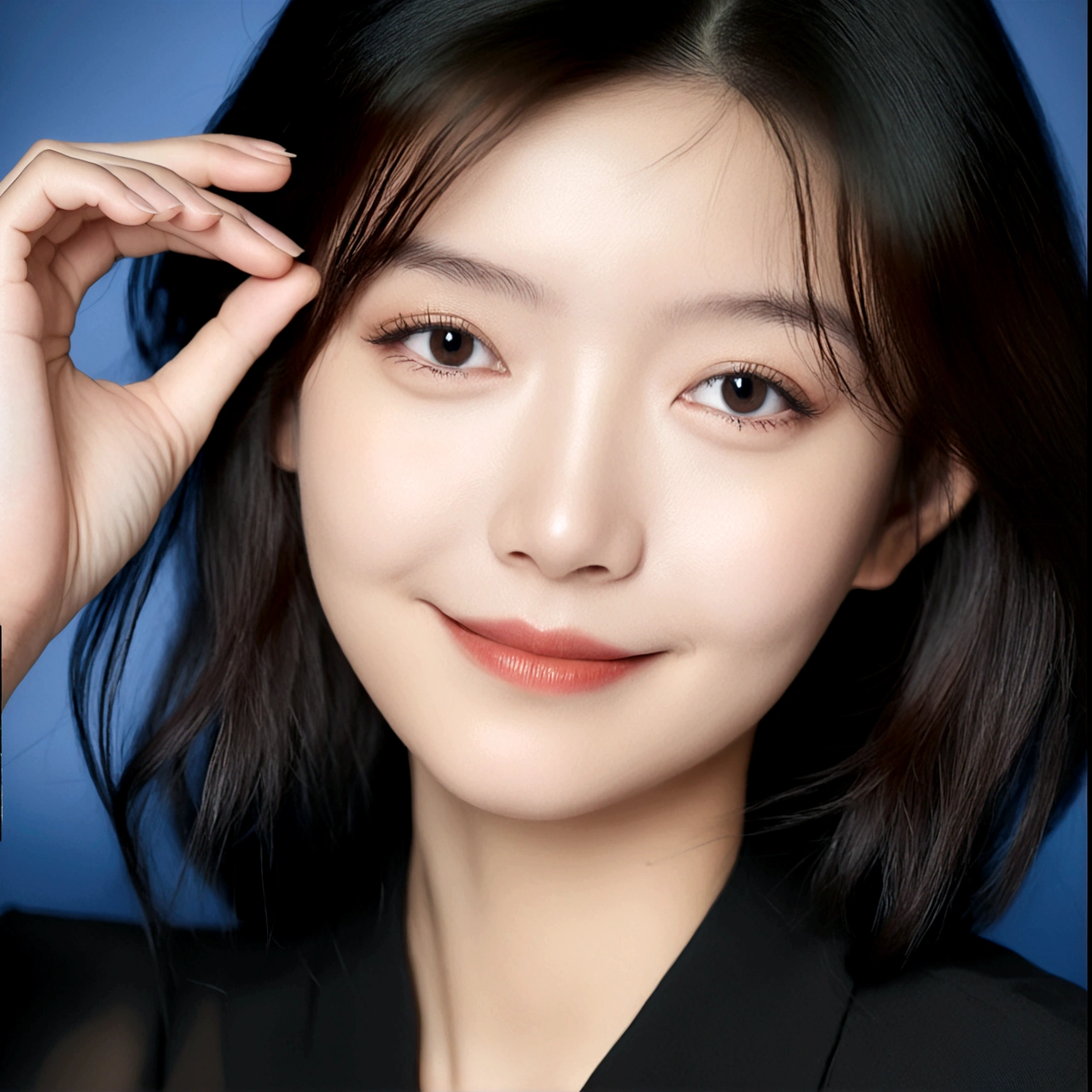 1girl, solo, looking at viewer, smile, black hair, closed mouth, female focus, black eyes, lips, portrait, realistic