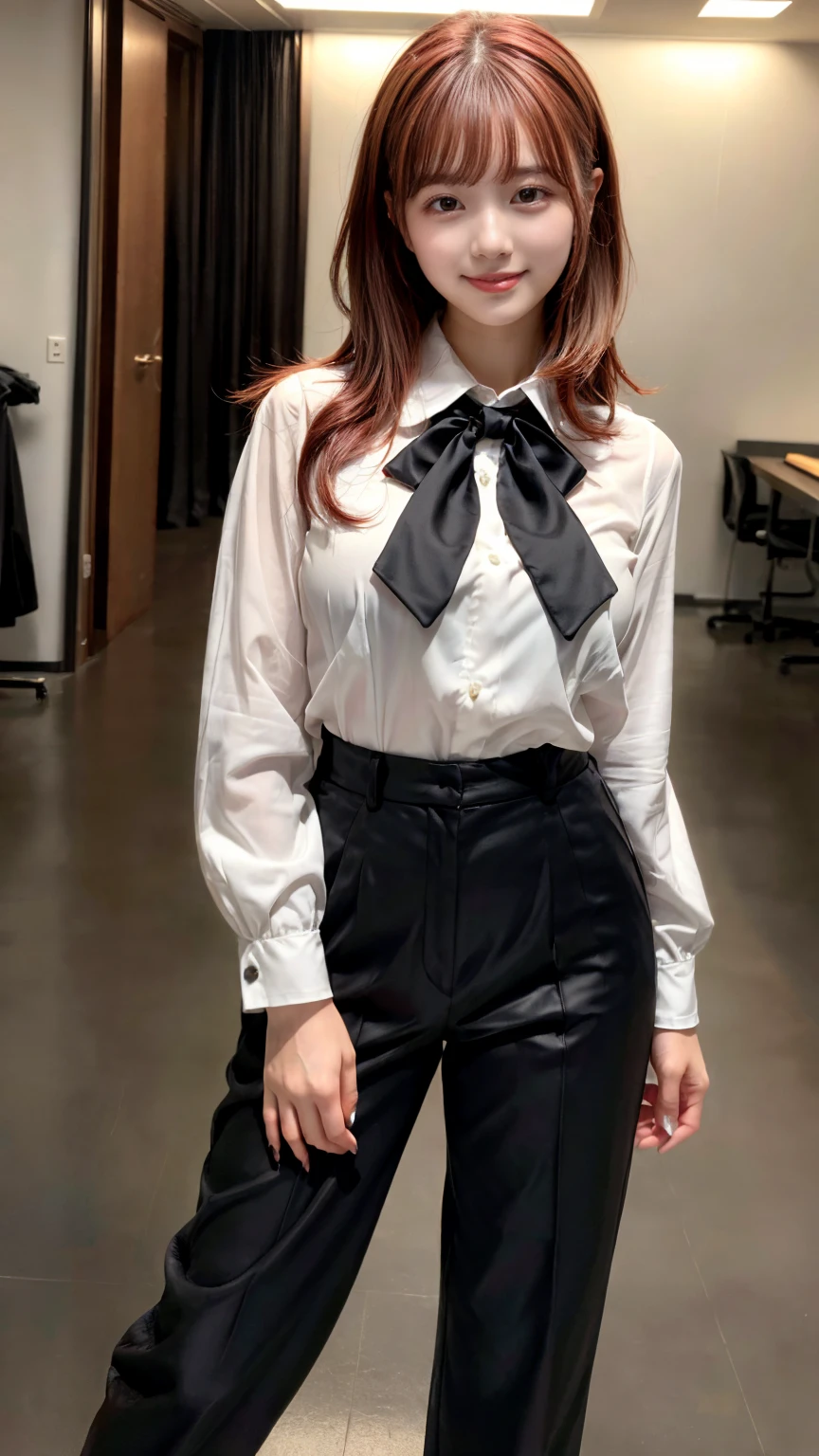 Highest quality、Ultra-high resolution、Professional Lighting、Detailed Background、workroom、full body,Kobeni-chan、A sloppy smile、25-year-old woman、beautiful girl、(Kobeni-chan、Jet black hair, Black Hair, bangs, One-sided hair,)、(Red Hair Clip:1.1)、(White shirt:1.2)+(Black tie:1.2)+(black long pants for work:1.2)、(Huge breasts that look like they might burst:1.2)、(Big thighs:1.1)、Are standing、Model pose