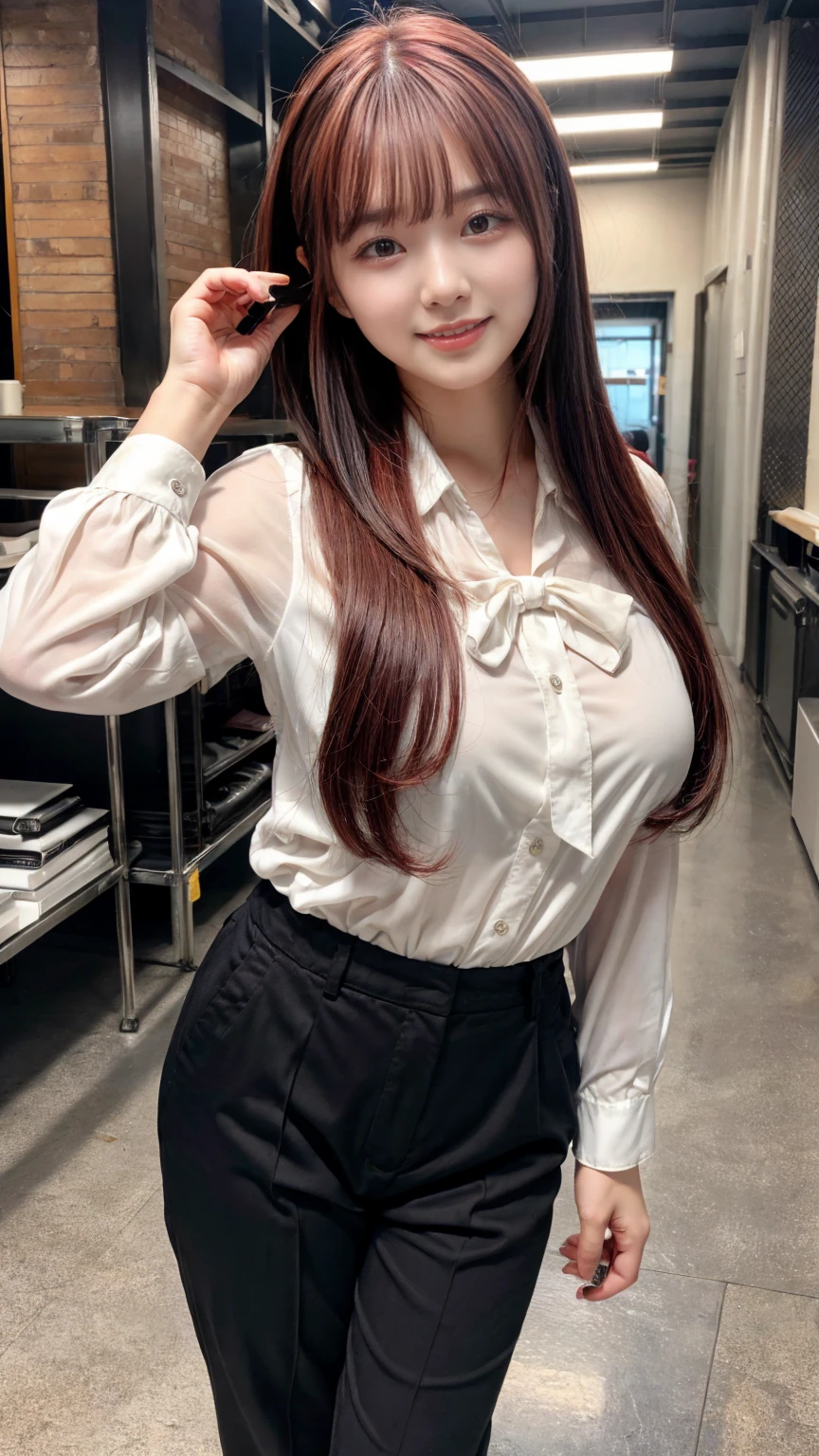 Highest quality、Ultra-high resolution、Professional Lighting、Detailed Background、workroom、full body,Kobeni-chan、A sloppy smile、25-year-old woman、beautiful girl、(Kobeni-chan、Jet black hair, Black Hair, bangs, One-sided hair,)、(Red Hair Clip:1.1)、(White shirt:1.2)+(Black tie:1.2)+(black long pants for work:1.2)、(Huge breasts that look like they might burst:1.2)、(Big thighs:1.1)、Are standing、Model pose