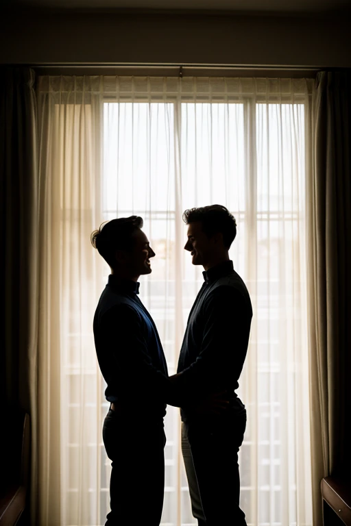 Silhouette of gay couple embracing behind the curtains