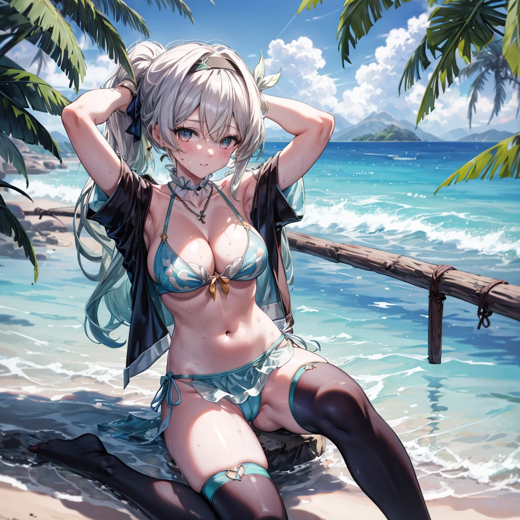 ((Highest quality)), ((masterpiece)), ((detailed)), (4K), an anime drawn sexy girl on the beach by water with tropical drink, 1girl, breasts, 独奏, swimsuit, 比基尼, armpits, looking at viewer, mouth hold, cleavage, single thighhigh, arms up, navel, lightgreen 比基尼, large breasts, underboob, long hair, lightblown hair, ponytail, jewelry, sitting, legs up, necklace, hairband, thighhighs, tying hair, see through, sweat, wet