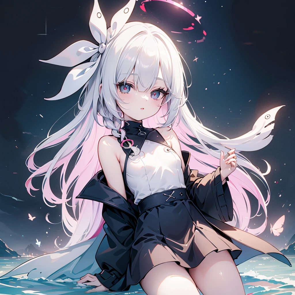 masutepiece, Best Quality, Ultra-detailed, Extremely detailed, 4K, 8K, Best Quality, Beautiful 3, Realistic, Real, Colorful, Gradation, full body focus, maid, Beautiful white hair, Beautiful brown eyes, Beautiful eyes, White-skinned, Long hair, Transparent hair, translucent hair, flat breast, tiny chest, Flowers, lightsmile, sparkling effect, butterfly、a beauty girl、