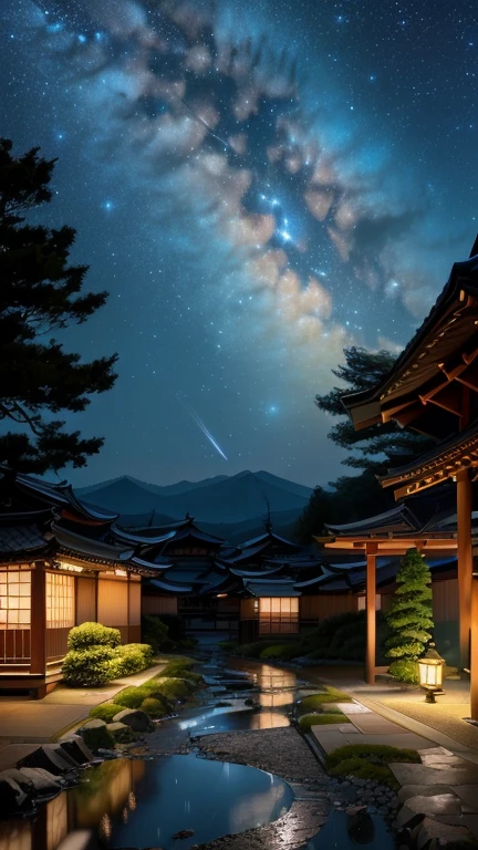 Japanese-style building and starry sky over a stream, night village backgrounds, Japan at Night, Night view, Japanese Village, Japan at Nightの街, Night view, A dreamlike night, Quiet and peaceful atmosphere, Starry Night, Night view, Luxury hot spring, The Tranquility of Infinite Stars, Beautiful images, Starry Sky 8K、Rain-soaked cobblestone street