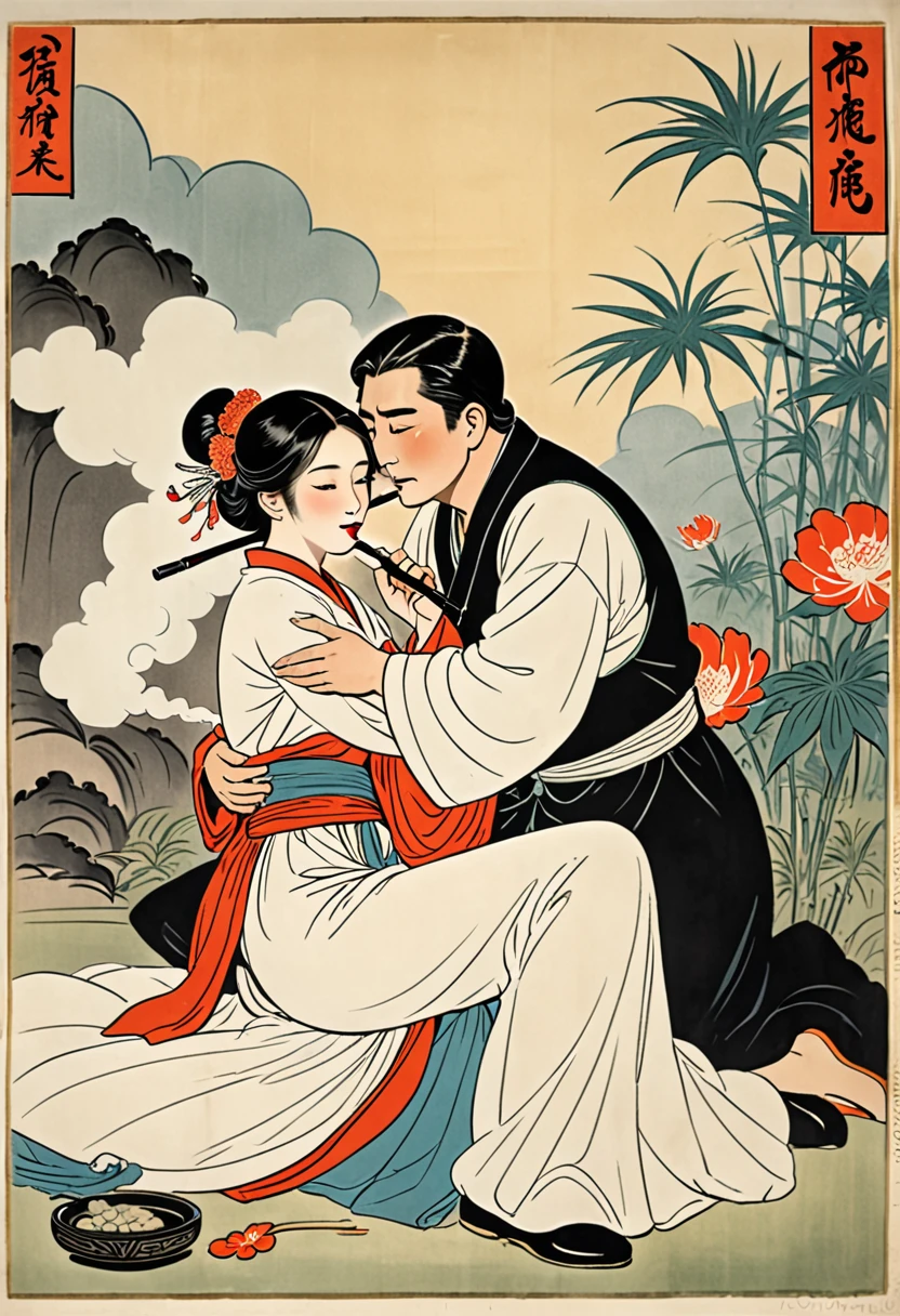 A man is forcing a woman to smoke opium。A man hugs a woman from behind、Holding an opium pipe to a woman's mouth。She's already smoked a lot of opium、In her intoxicated state, she is at the mercy of the man.。
