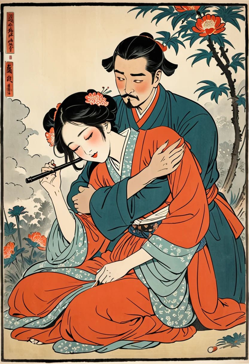 A man is forcing a woman to smoke opium。A man hugs a woman from behind、Holding an opium pipe to a woman's mouth。She's already smoked a lot of opium、In her intoxicated state, she is at the mercy of the man.。