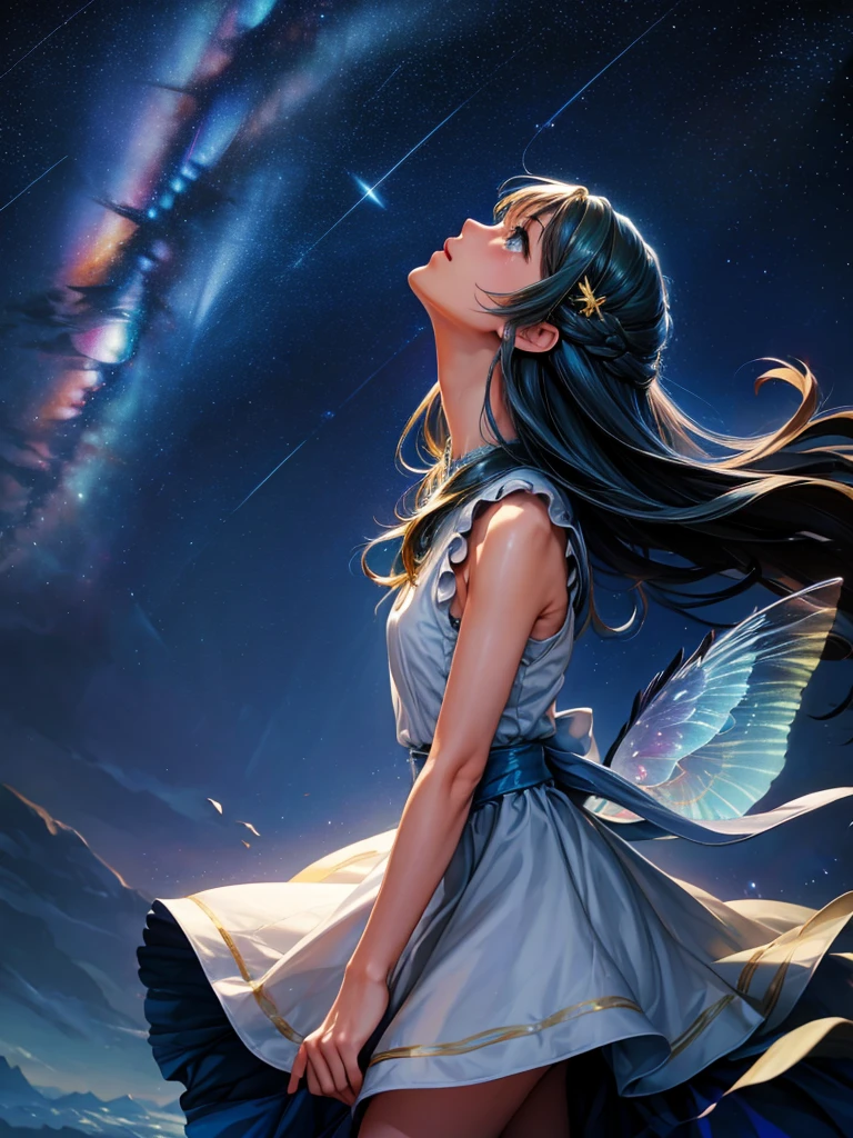 a beautiful woman, looking up at the sky, long hair, wearing a sleeveless knee-length dress, fluttering in the breeze, before dawn, starry skies, The Big Dipper shines, spectacular views