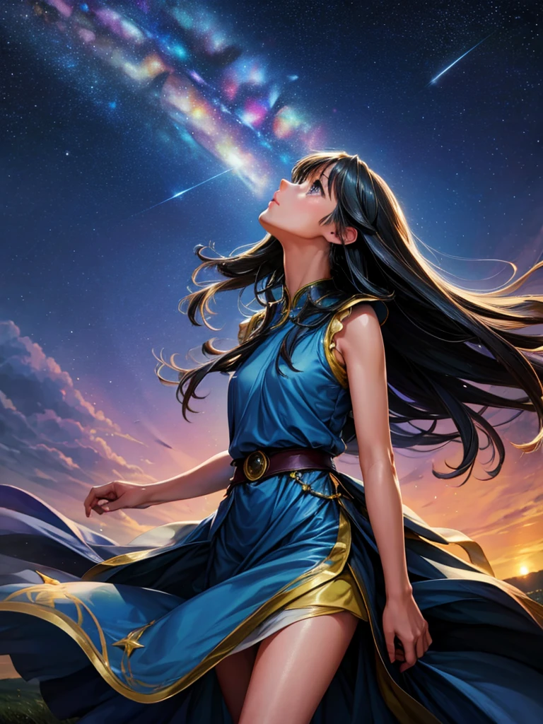 a beautiful woman, looking up at the sky, long hair, wearing a sleeveless knee-length dress, fluttering in the breeze, before dawn, starry skies, The Big Dipper shines, spectacular views