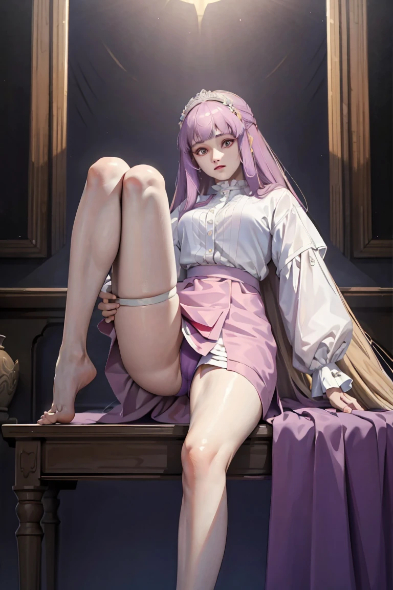 (masterpiece:1.2, Best quality), (real picture, complex parts), 1 girl, One, upper body, legs facing camera, bare soles showing legs, legs, palace, palace settings, long hair, minimal makeup, detailed face, very long blonde purple blonde hair, big plump breasts, big ass, SFV, cloth, Royal outfit, showing soles, showing legs, legs, correct foot anatomy, (palace of queen), (palace), (foot), (legs), (showing legs), (five toes each foot)