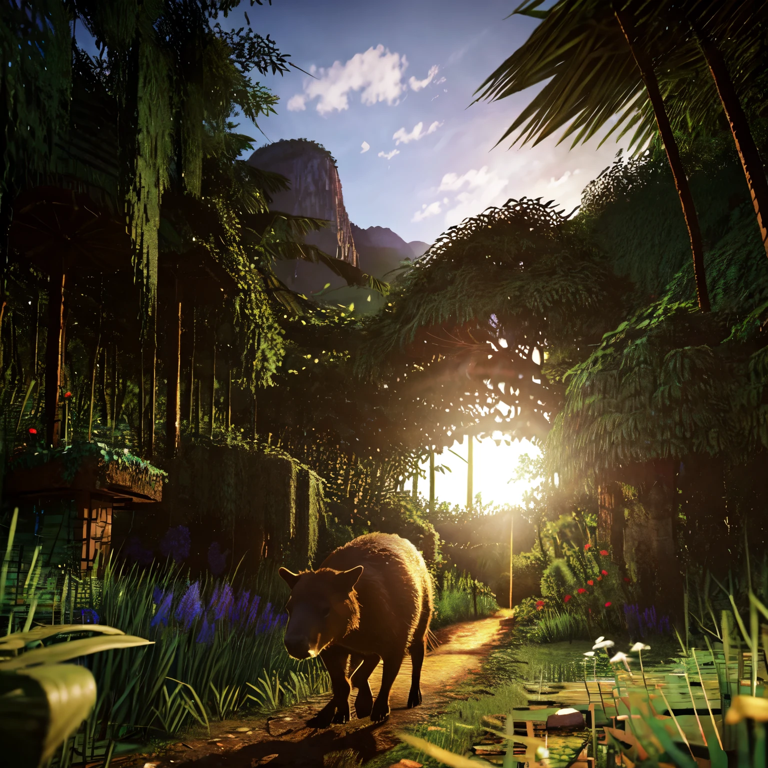 Camera man view, illustration, pov, a capybara running to the viewer in a dense jungle, Dark green minecraft blocks blooming behind the capybara, beautiful landscape background with mountains and a tepui, highly detailed, hyperrealistic, 8k, best quality, photorealistic, ultra-detailed, vibrant colors, dramatic lighting, cinematic composition, award-winning digital art