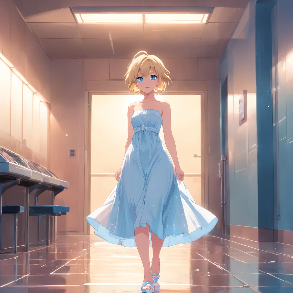 17 years old Women, ((Blonde)), ((Blue eyes)), ((Short hair)), ((Full shot)), very detailed makeup, pale pink lipstick, long earrings, standing on designer runaway, wearing a soft strapless  white dress and heels, camera flashes shooting over her ((wet Floor)) ((Full Body))