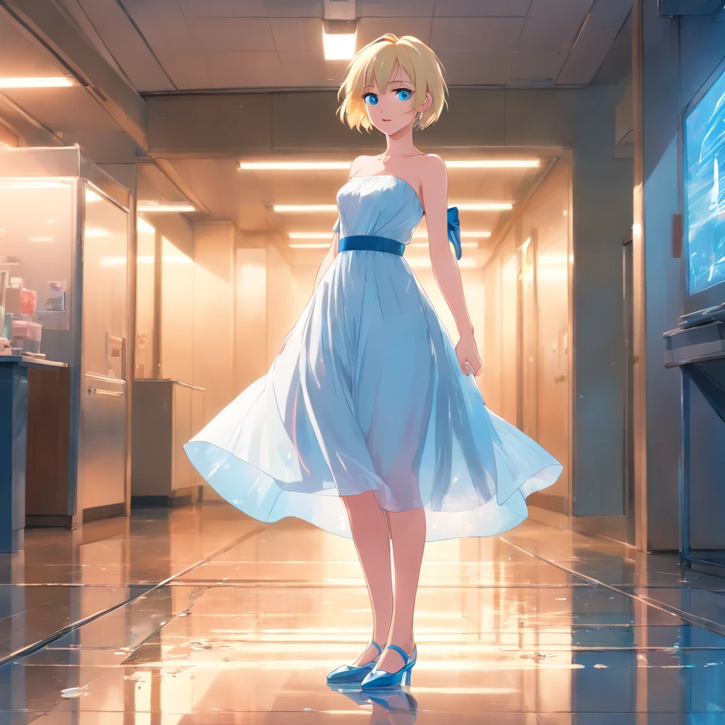 Women, ((Blonde)), ((Blue eyes)), ((Short hair)), ((Full shot)), very detailed makeup, pale pink lipstick, long earrings, standing on designer runaway, wearing a soft strapless white dress and heels, camera flashes shooting over her ((wet Floor)) ((Full Body))