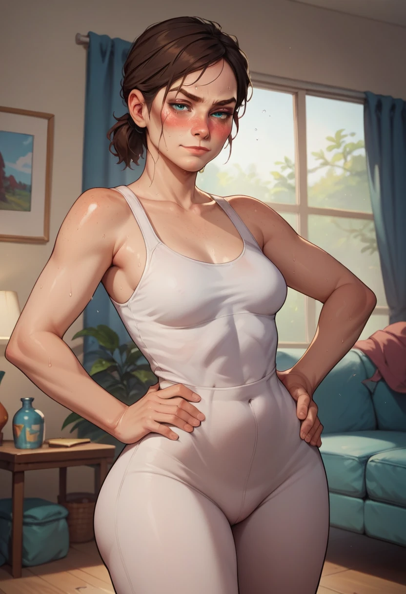 in a living room, one hand on hip, seductive smirk, medium breasts, wide hips, big ass, Ellie,standing, blushing,sweating, being groped by old man