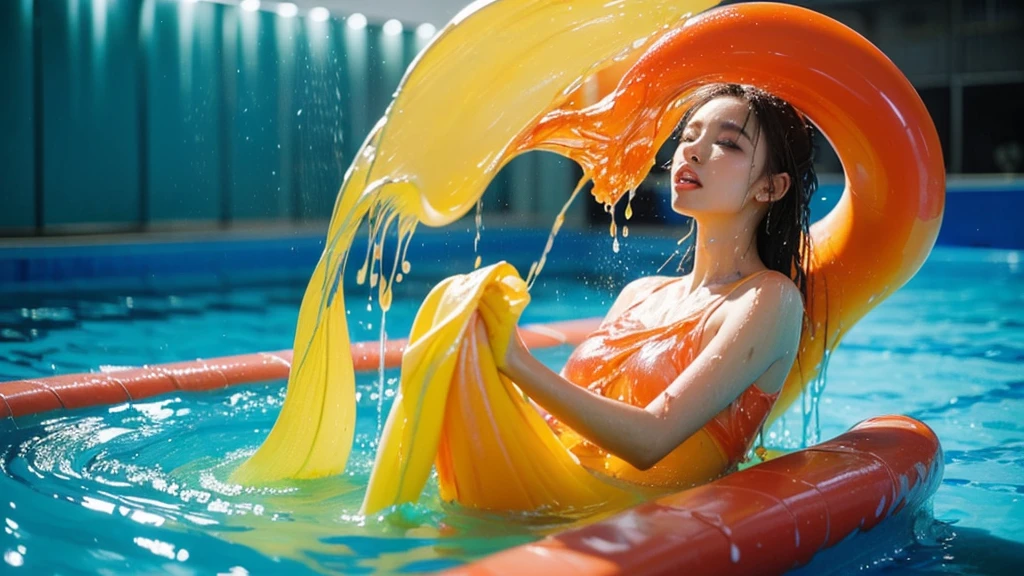 (Outrageous quality,high resolution,masterpiece),(realism,realistic), (The art of drawing the body in various colors, glowing paint:1.23), ((Screen with splashing liquid flowing down, fluid paint:1.35), very detailed:1.13), (((In a pool of bright and colorful paint:1.1))),